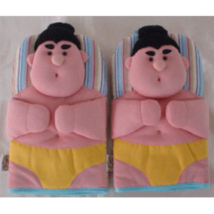 Novelty Pair Sumo Wrestlers Oven Gloves 100% Cotton Mitt Padded