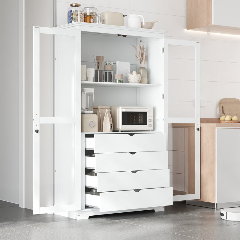 Très grand garde-manger autoportant avec portes en verre et quatre tiroirs intégrés, Blanc