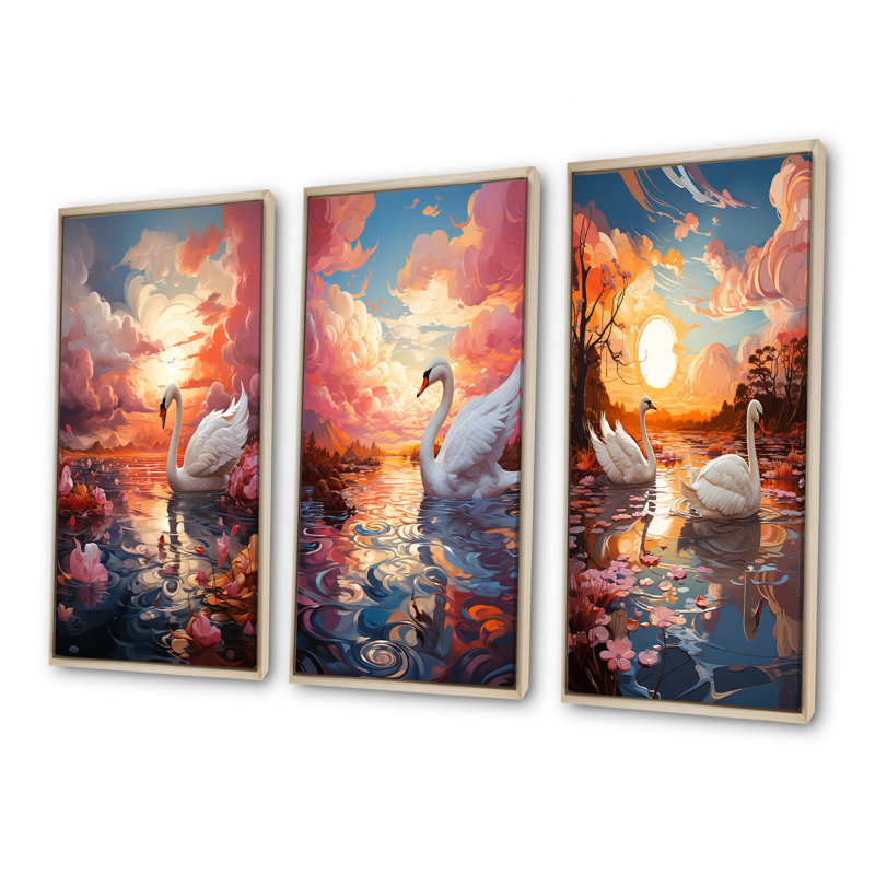 «Graceful Mirage Swans», ensemble de 3 reproductions d'art sur toile, H 28 po x l 36 po, Cadre flottant brun