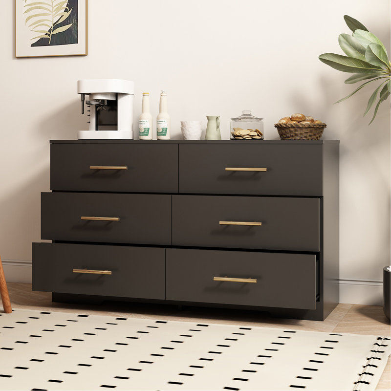 Large 6 Drawers Chest Of Drawer Dressers Table With Golden Handle, Black