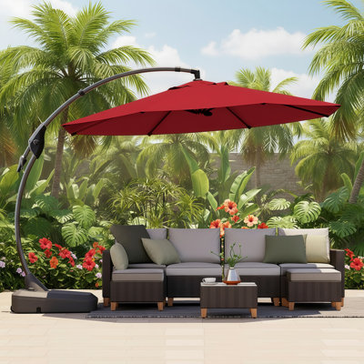 Parasol en porte-à-faux rond en aluminium de 11 pieds avec base, modèle latéral pour l'extérieur, adapté au jardin / cour arrière, rouge.