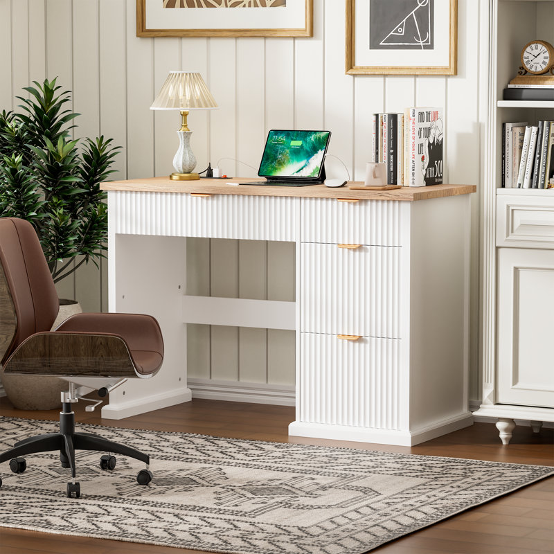 47’’ Fluted Executive Desk With Drawer And Charging, Wood Home Office Desks For Bedroom