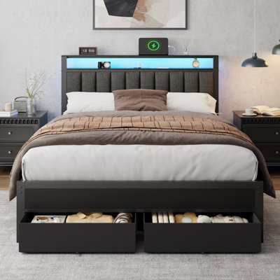 Modern Queen Size Platform Bed, Upholstered Bed Frame with LED Lights and Charging Station, 2 Storage Drawers, No Box Spring Required