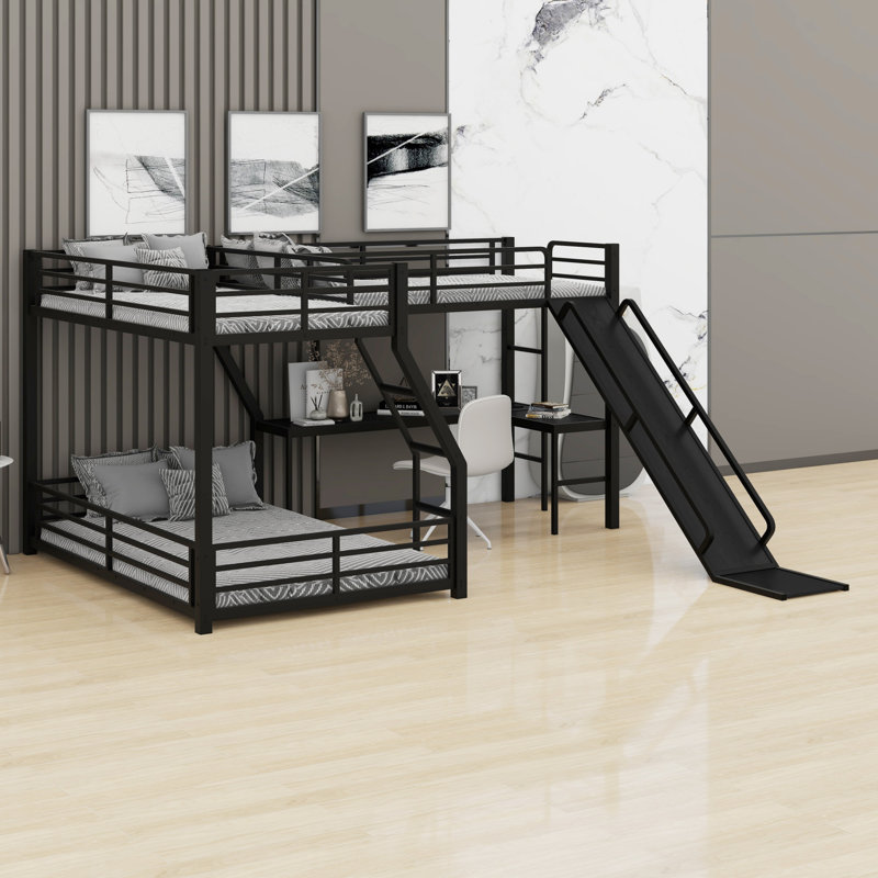 L-Shaped Bunk Bed With Loft Bed, Slide And USB Ports, Twin XL over Queen over Twin