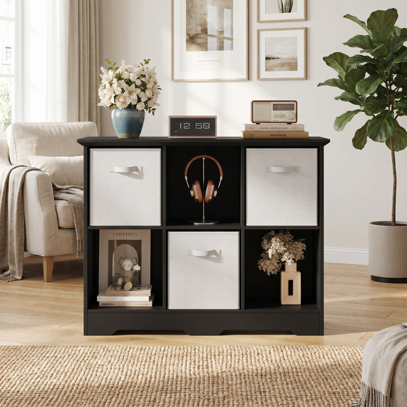 Bibliothèque décorative à 6 cubes l 37 "avec 3 bacs pliables en tissu, Noir