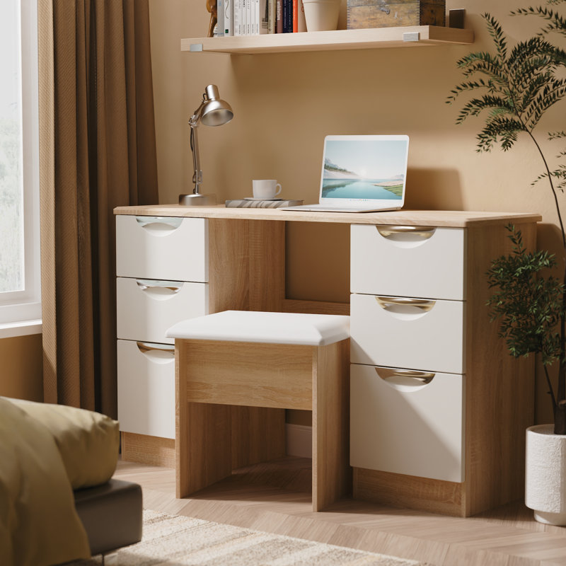 Bhodhini 6 Drawer Kneehole Desk (Ready Assembled), Grey Matt/Bardolino Oak