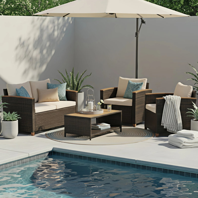 Lilyan 4 Piece Outdoor Rattan Sofa Seating Group with Cushions, Dark Brown/White Wash