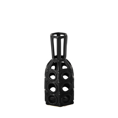 Black Pierced Pattern Ceramic Vase 9-Inch Decorative Accent For Modern And Contemporary Homes