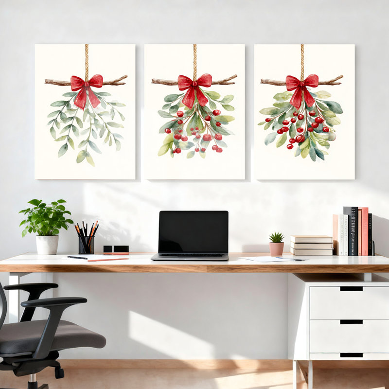 Mistletoe and Berries, aquarelle de Noël, ensemble d'art mural sur toile tendue de 3 pour les fêtes, H 30 po x l 60 po