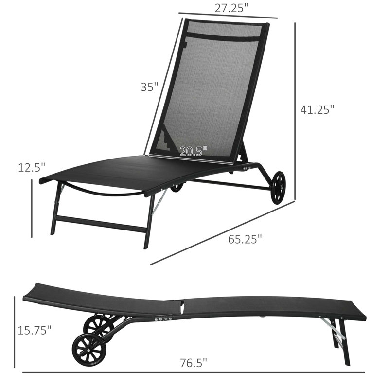 Ensemble de chaises longues d'extérieur avec inclinable réglable et roulettes, Noir