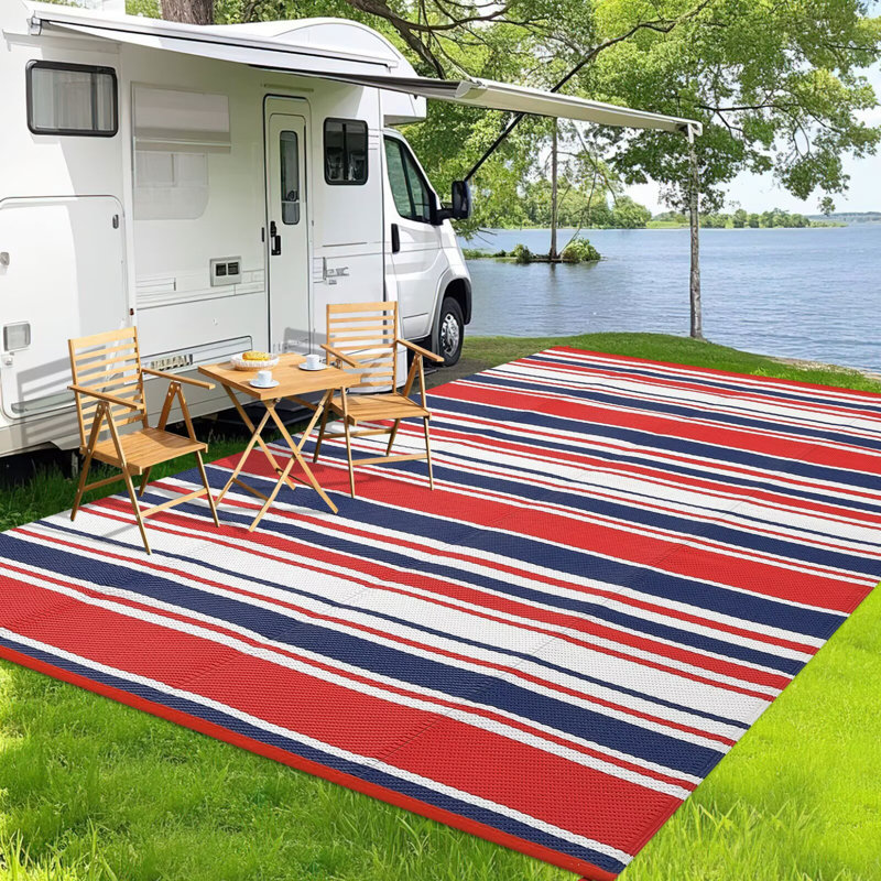 Outdoor Rug Reversible Plastic Straw Rug Waterproof Outdoor Camping Rug for Patio, Modern Striped Patio Rug, Outdoor Carpet for Porch, Deck
