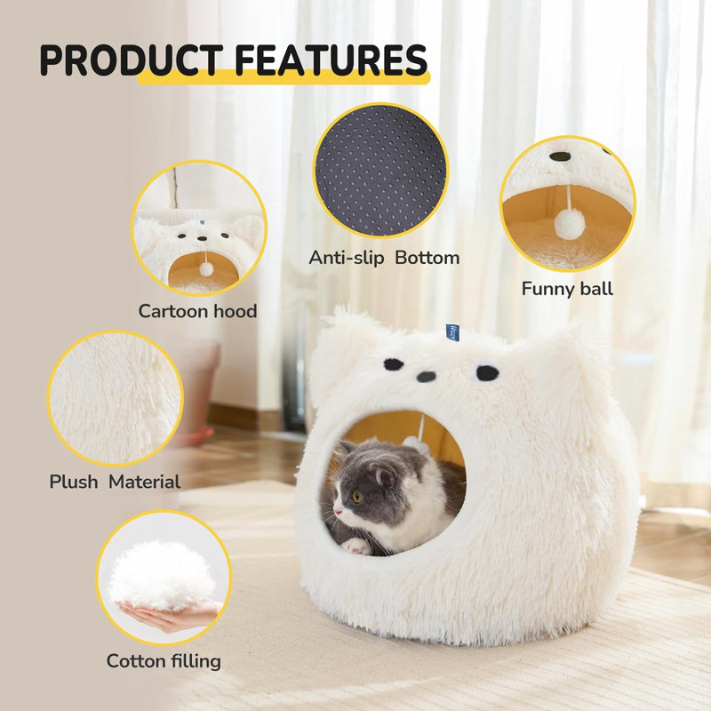 White Plush Cat Cave Bed with Hanging Ball