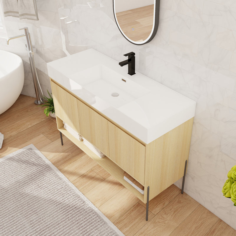 Ensemble de meuble-lavabo simple autoportant 48 po, meuble-lavabo sur pied avec lavabo en résine, 3 portes et 1 tablette
