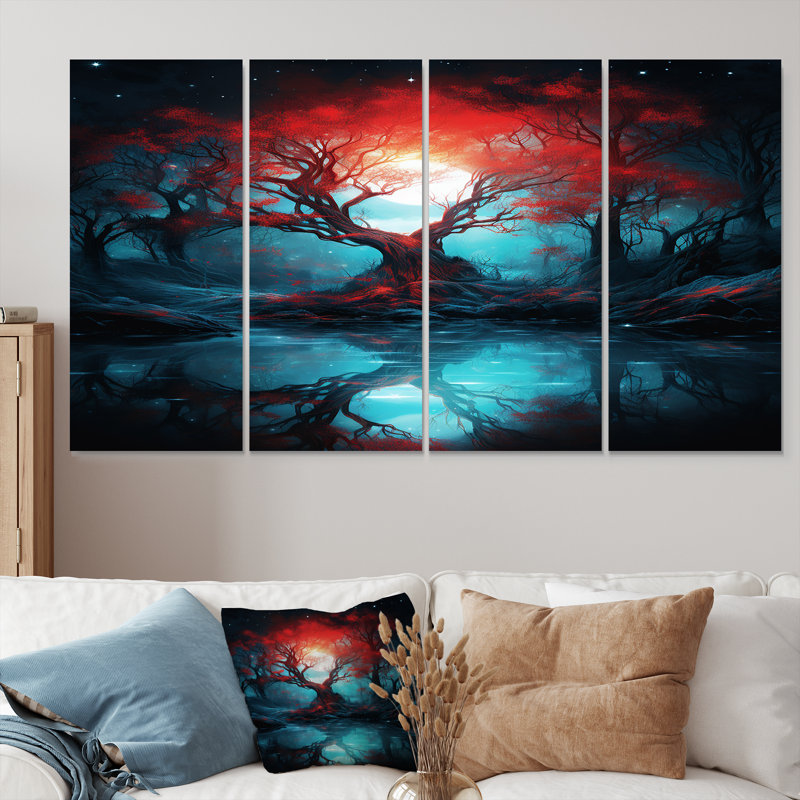 «Red River Tree In Enchanted Blue Forest», art mural 4 pièces, H 28 po x l 48 po