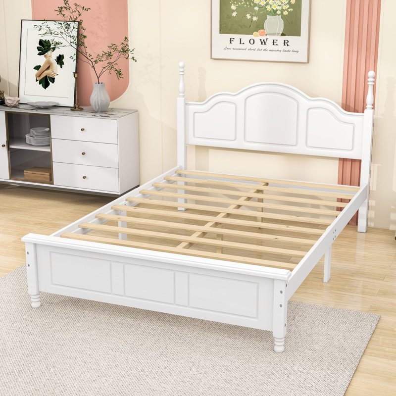 Lit plateforme en bois avec lattes de bois et tête de lit, Double, Blanc
