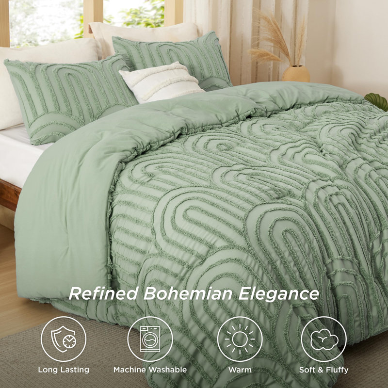 Comforter Set-Arch Jacquard Boho Bedding Sets, Queen Comforter + 2 Standard Shams, Sage Green