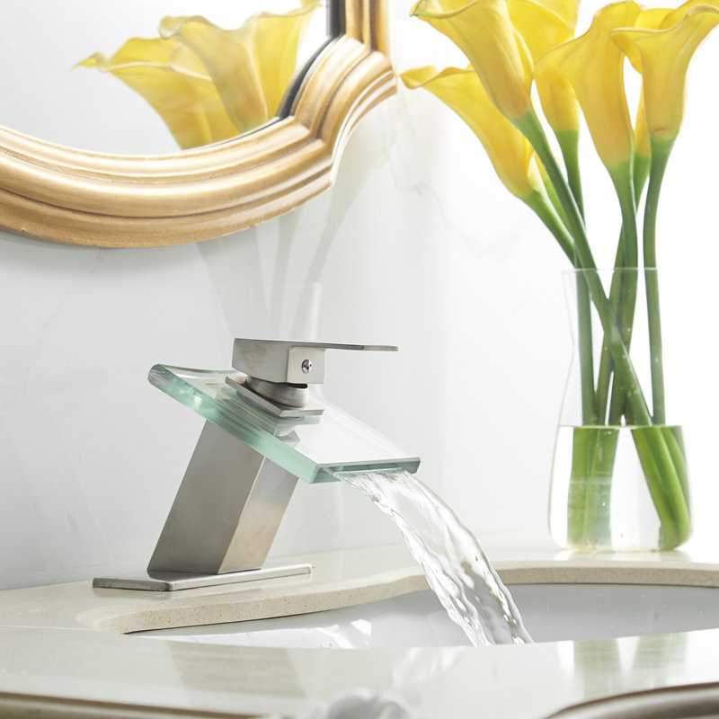 Waterfall Single Hole Single-Handle Low-Arc Bathroom Faucet With Glass Spout, Polished Chrome/Clear