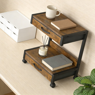 2-Tier Desktop Printer Stand With Fabric Drawers And Storage Shelf, Heavy-Duty Steel And Wood Office Organizer For Printer, Scanner, Fax Machine And Supplies