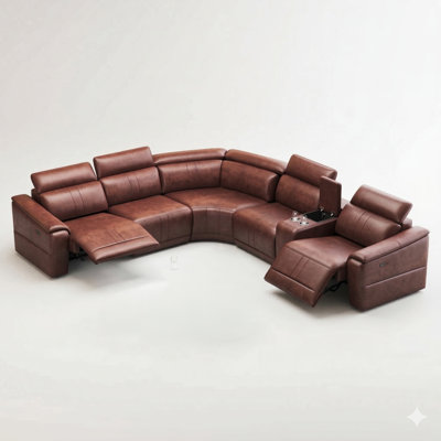 Power Recliner 6-Piece Sectional Sofa with Wedge and Storage Console, Breathable Leather Gel Home Theater Seating, Adjustable Headrests and USB Charging Ports, Light Brown