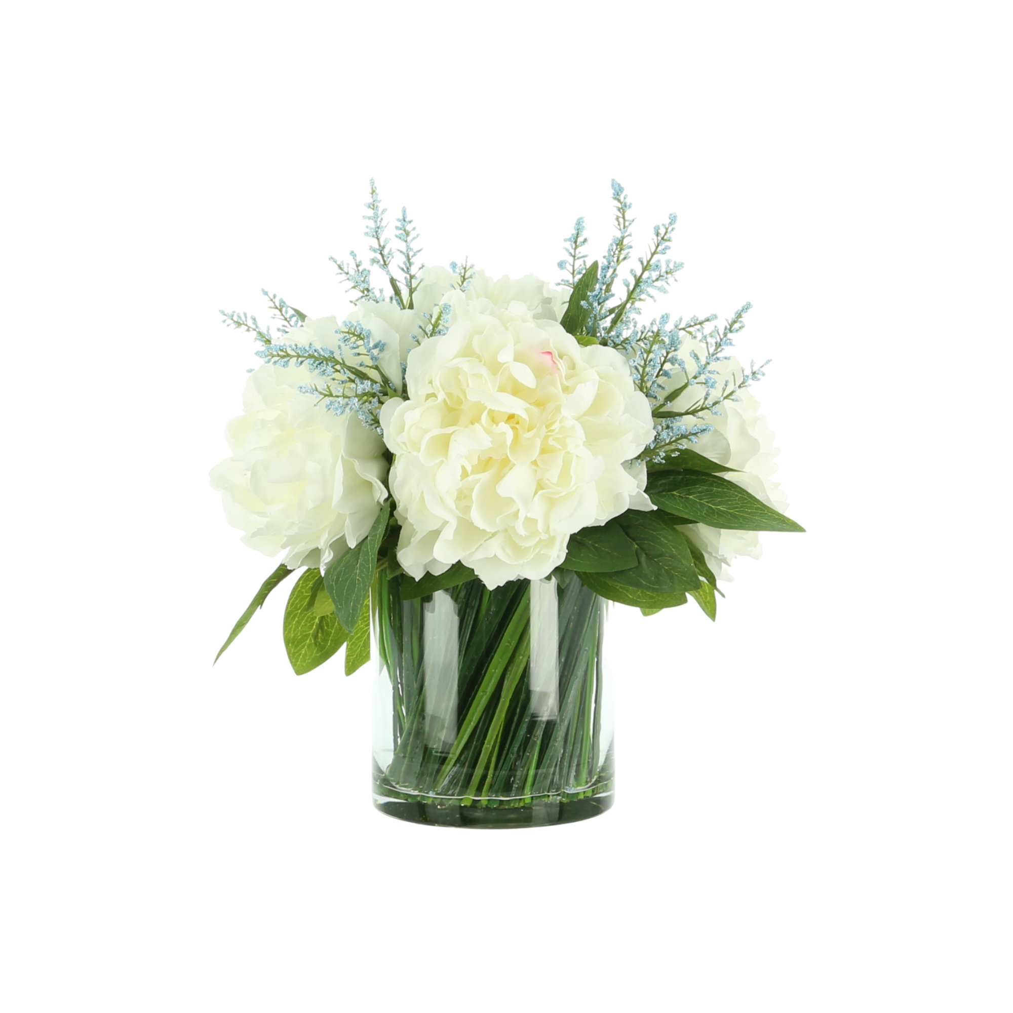 Ferdinand Peony Floral Arrangements in Vase, White/Sky Blue
