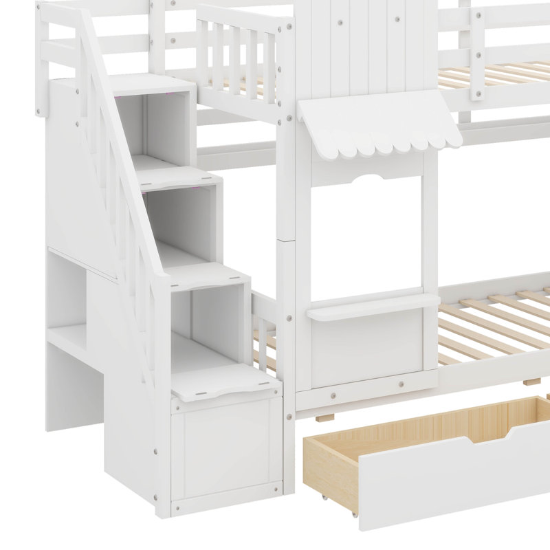 Castle-Inspired Bunk Bed, Wooden Bunk Bed With 2 Drawers & 3 Shelves, Comes With Slide And Storage Steps, Twin Over Twin