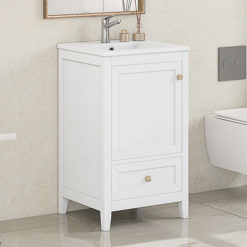 Meuble-lavabo en bois durable avec lavabo en céramique et rangement spacieux, parfait pour les salles de bain modernes et fonctionnelles.