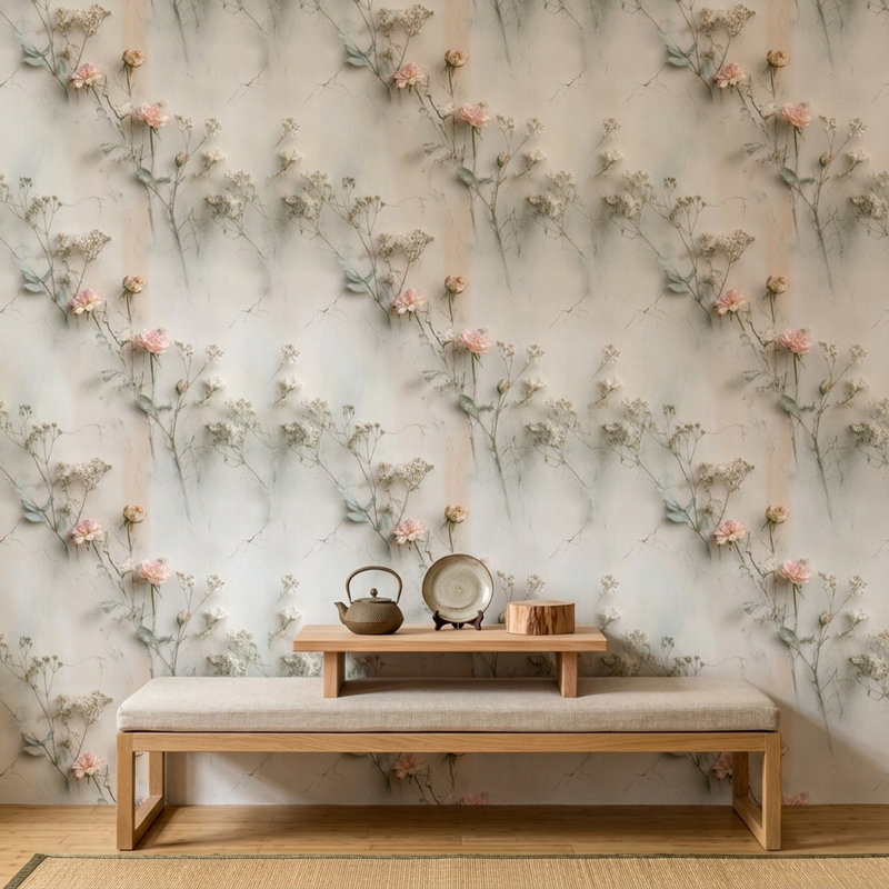 Papier peint plâtre pastel doux, rose poudré, motif floral botanique, Peel and Stick