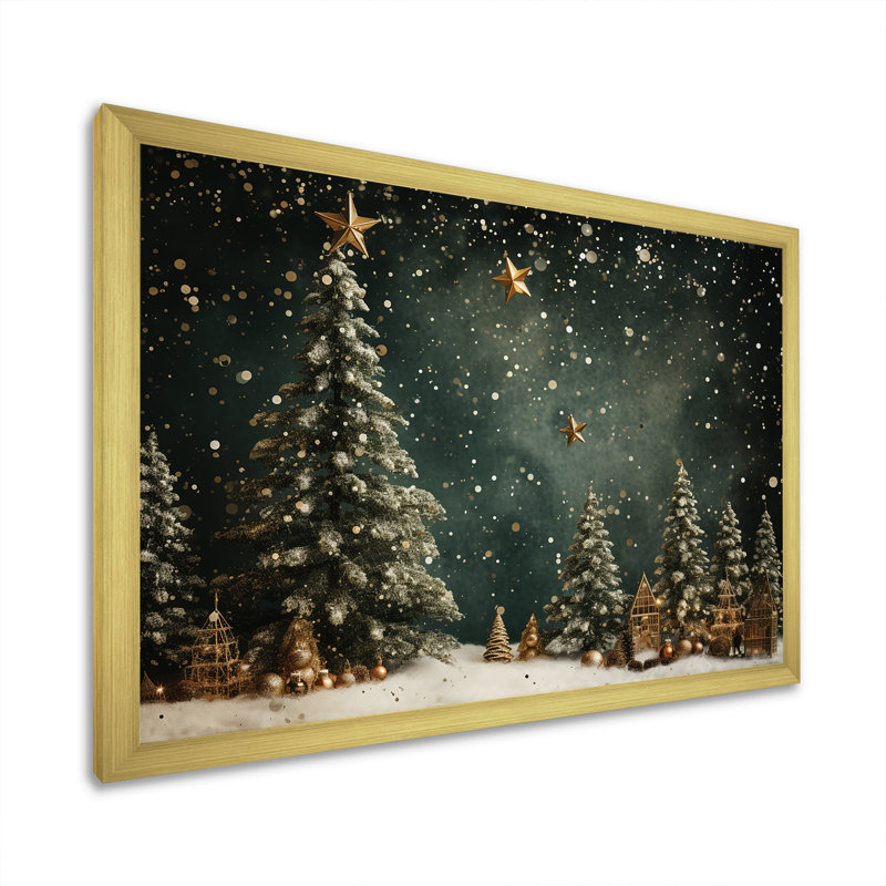 Décoration de sapin vert de Noël - Art mural sur toile de pin, Doré, H 24 po x l 32 po, Impression encadrée