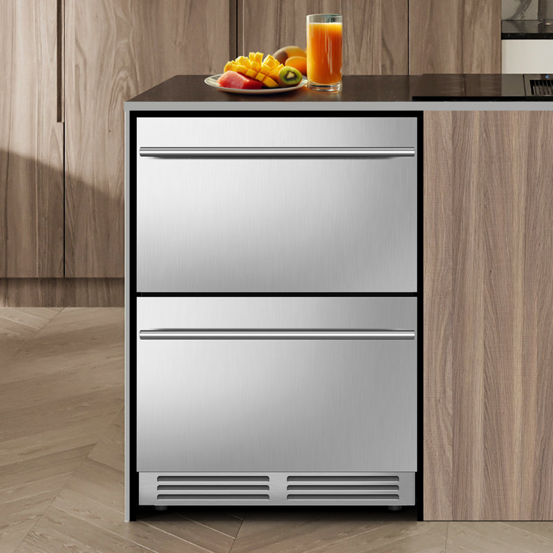 24" Beverage Refrigerator Double Drawer 180 Cans Built-In Stainless Steel Beer Cooler Fridge with Silent Slide 2 Compartment Organizer