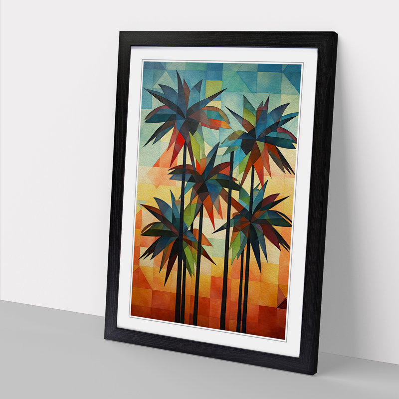 Palm Tree Geometric - Single Picture Frame Print on Wood, Black Framed, 34cm H x 25cm W x 2" D