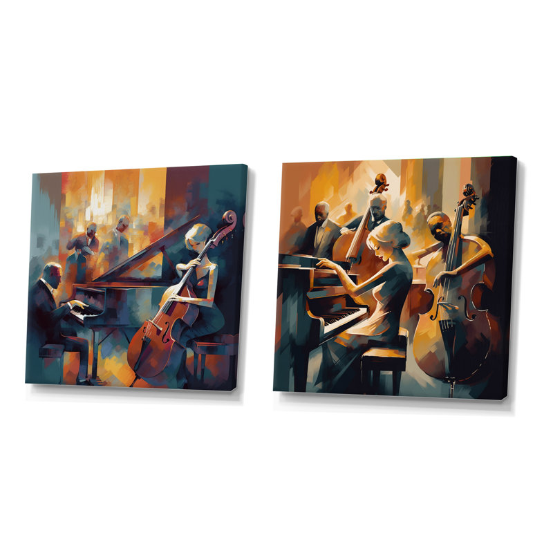 Féminin, chanteuse et groupe de musique - ensemble de 2 collages carrés, Toile tendue, H 16 po x l 33 po