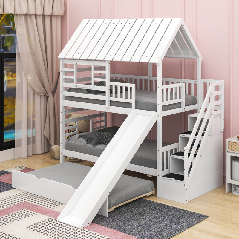 Twin Over Twin Bunk Bed With Trundle And Slide, White