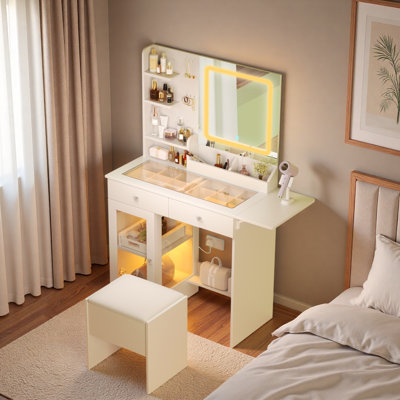 Vanity Desk With 3 Lights Colors Mirror, Glass Top, 2 Usb Power Strip, 2 Drawers, 1 Cabinet And Chair by Ivy Bronx