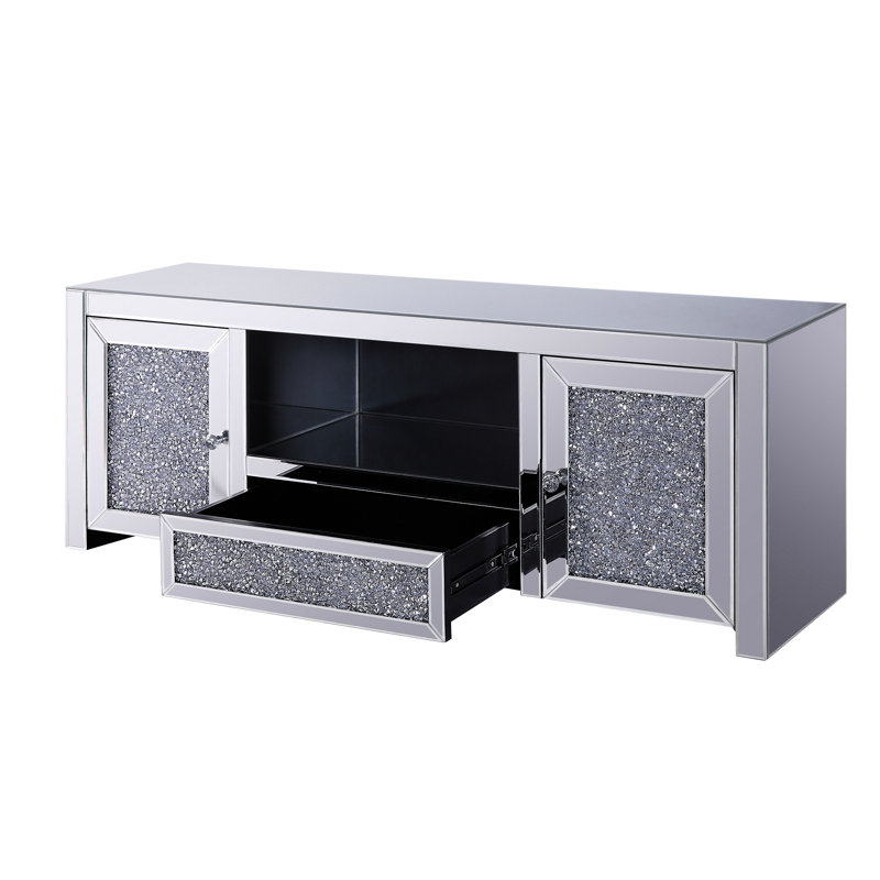 Meuble télé argenté à miroir avec faux diamants, compartiment média ouvert, tiroir simple et 2 portes, idéal pour téléviseur à écran plat de 50 po, plancher de 2 po, côté métallique coulissant, façade française, noir complet