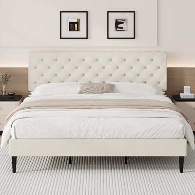 Bed Frames with Button Tufted Headboard, Linen Upholstered Platform Bed with Wooden Slats Support, Easy Assembly, No Box Spring Required
