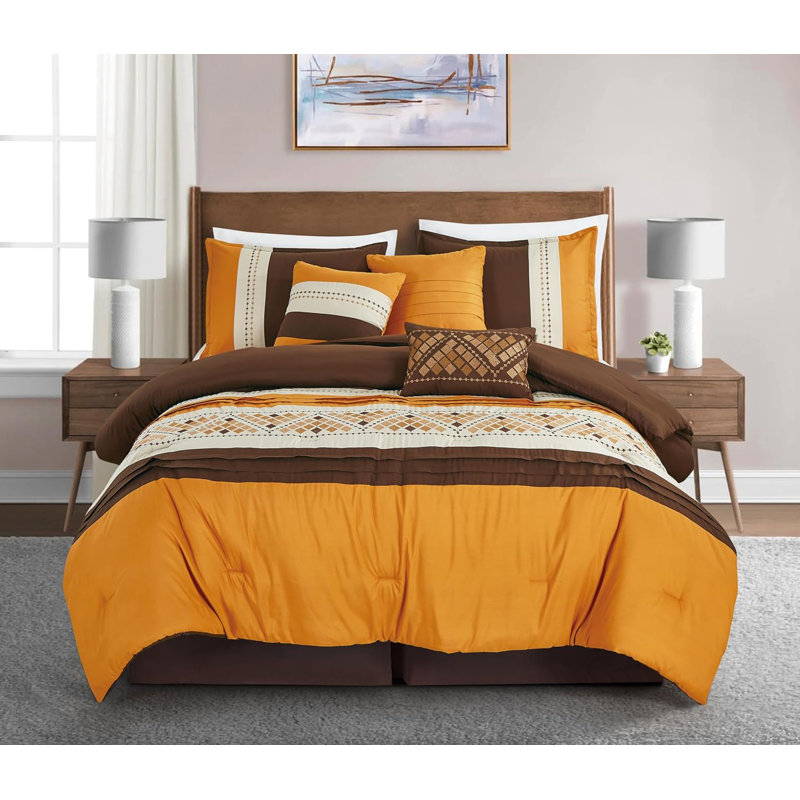 Maple Geometric Embroidered Pleated Stripe Comforter Set, Queen Comforter + 6 Additional Pieces
