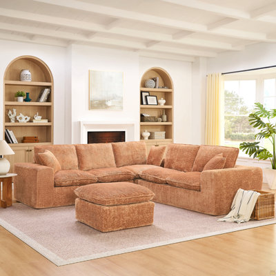 107'' Modern Boucle L-shaped Sectional Sofa with Moveable Ottoman for Living Room, Comfy Cloud Couch with Pillows, DIY Combination