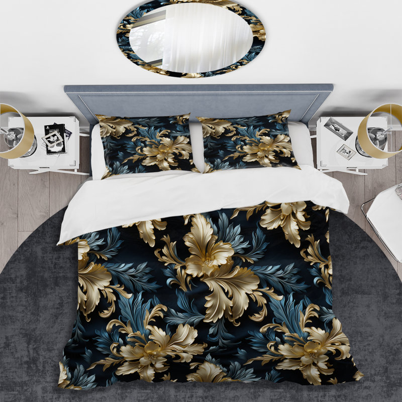 Bleu foncé et doré Techno Damask Realm - Ensemble de housse de couette damassé - Microfibre de polyester
