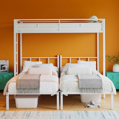 Lit superposé simple au-dessus d'un lit simple au-dessus d'un lit simple, lit simple en métal avec garde-corps et échelle, lit convertible 3 lits, pour dortoir, chambre d'amis, aucun sommier requis, blanc