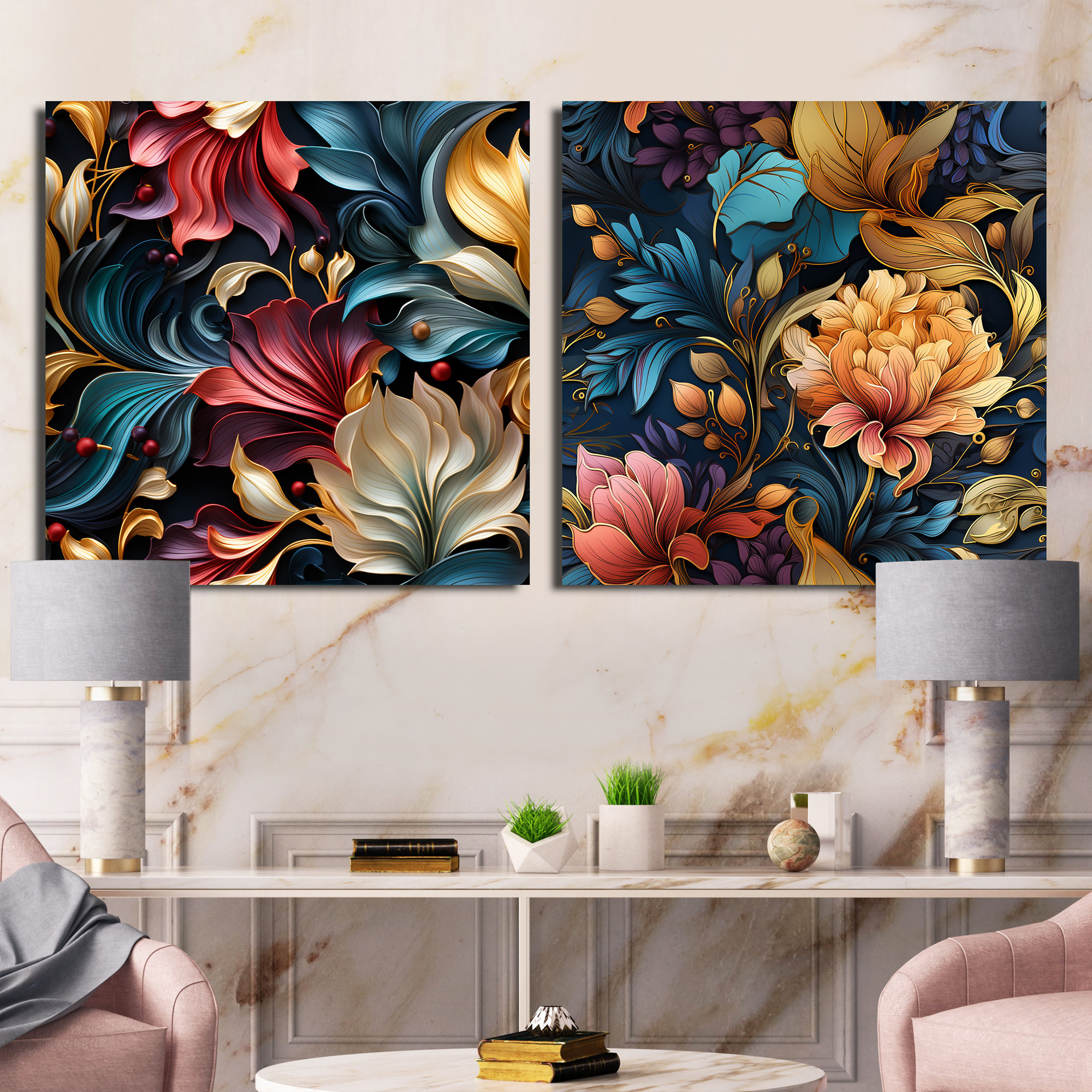 Art Nouveau Blue Jewel Tones - Abstract Botanicals Square Collage Set of 2 Design Art Overall Size: 36\, image size:2000x2000