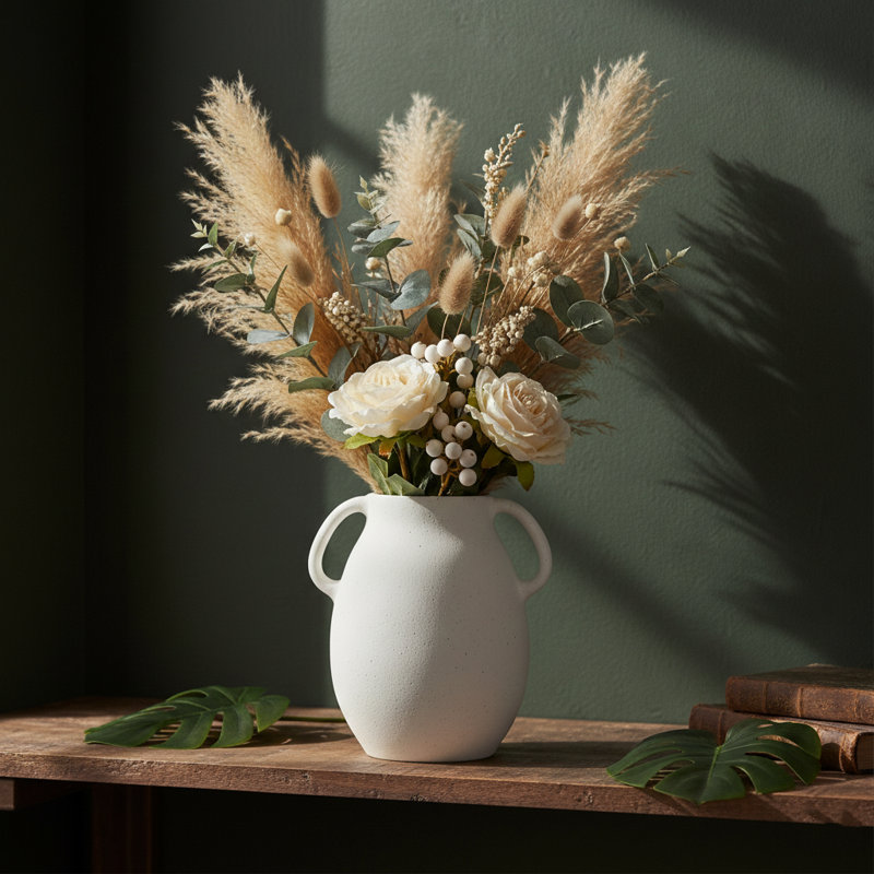 Vintage-Inspired Matte Ceramic Handle Vase,Rustic Wabi-Sabi Decorative Pitcher Vase for Modern Farmhouse Home Decor, Cream White Textured Stoneware for Shelf & Tabletop,Handcrafted Earthy Decorative Jar for Dried Flowers