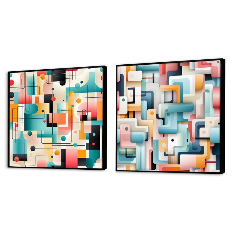 Corstiaan - Ensemble de 2 collages abstraits carrés, Cadre flottant noir, H 16 po x l 33 po