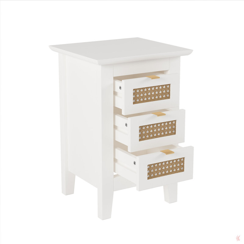 Ensemble de 2 tables de chevet en bois avec surfaces tissées en rotin et trois tiroirs