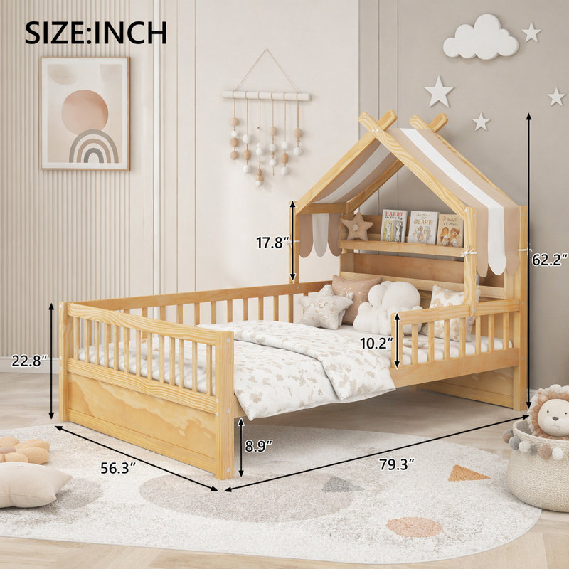 Lit double en bois avec tête de lit, Double, Naturel, Étagères