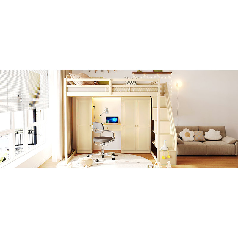 Lit mezzanine double avec escalier de rangement, coiffeuse encastrée avec miroir et tiroir, armoire et armoires, ports et lumières de chargement USB, beige