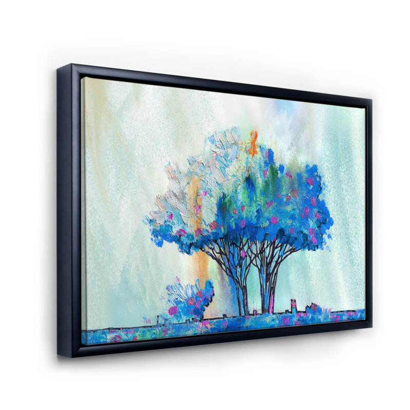 «Blue Colored Tree Impression I», peinture sur toile, Cadre flottant noir, H 12 po x l 20 po x p 1 po
