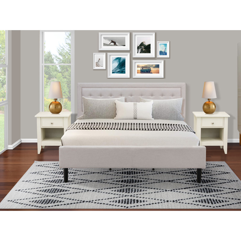 3-Piece Platform King Size Bed Set with 1 King Size Bed Frame and 2 Mid Century Nightstands - Reliable and Durable Manufacturing - Mist Beige Linen Fabric
