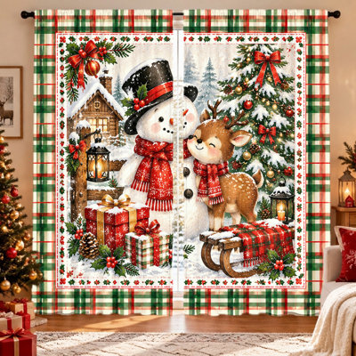 2 pièces rideaux de scène de Noël bonhomme de neige et cerf festif, imprimé douillet de vacances d'hiver, tissu filtrant la lumière, protection de la vie privée, conception à passe-tringle, lavable à la machine, pour le salon, la chambre à coucher, la décoration