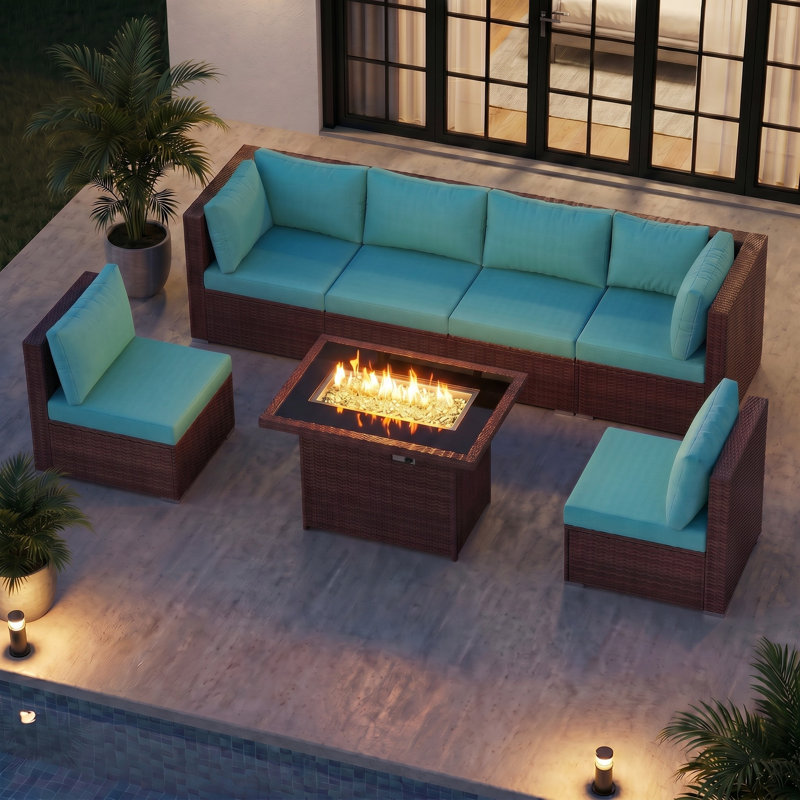 7-Piece Outdoor Furniture Set with Fire Pit Patio Wicker Conversation Set Cushions, Espresso, Teal