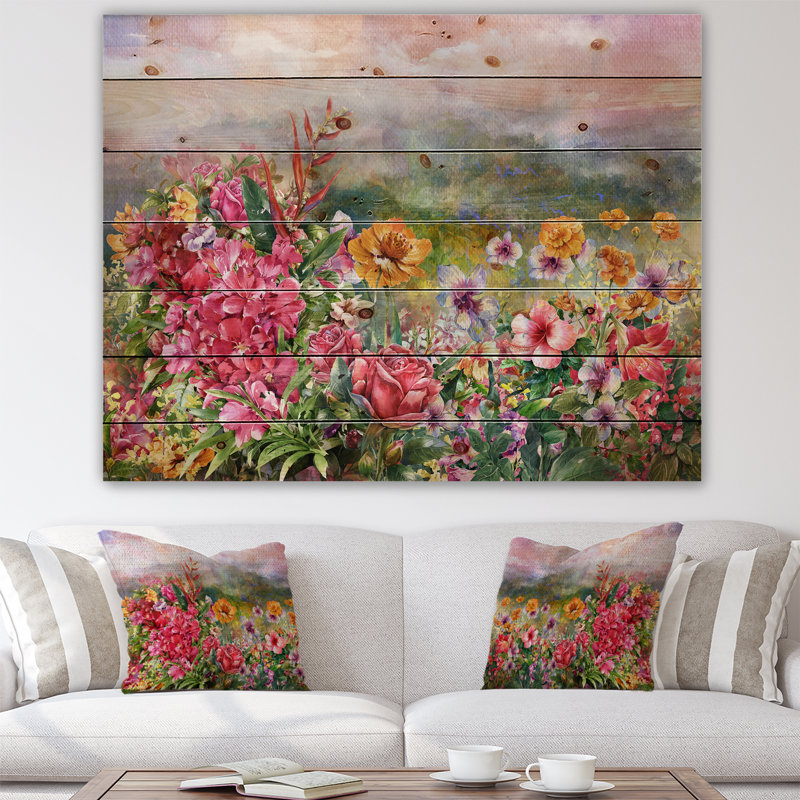 Fleurs de printemps multicolores sur fond brumeux - reproduction d'art sur bois sans cadre, H 12 po x l 20 po x p 1 po